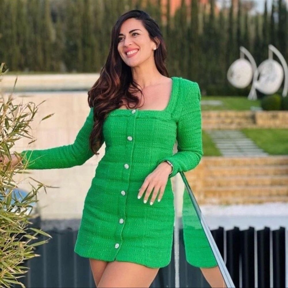 ZARA NWT Zara Green Textured Weave Mini Dress- With Jewel Buttons size Large
